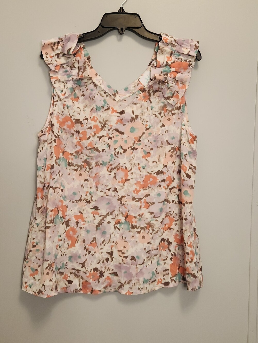 Mint Floral Ruffle Shoulder Sleeveless Top - Size Large